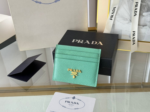 Pra Gold Logo-Stamp Card Holder Mint Saffiano Leather