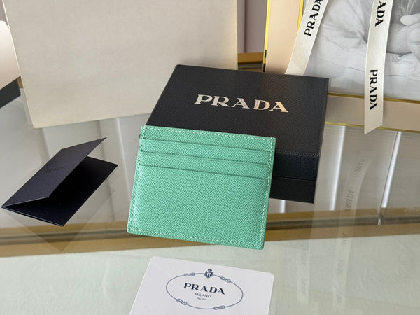 Pra Gold Logo-Stamp Card Holder Mint Saffiano Leather