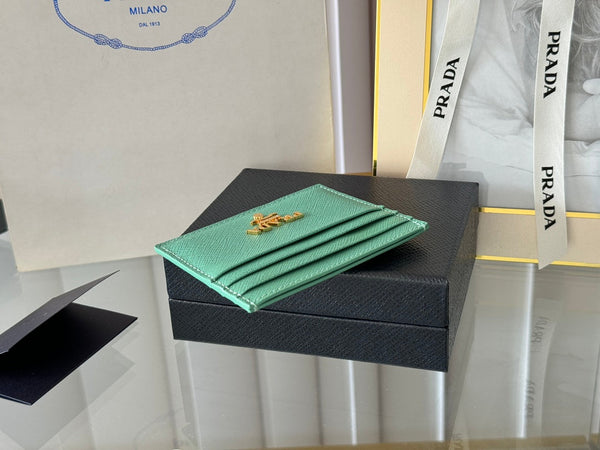 Pra Gold Logo-Stamp Card Holder Mint Saffiano Leather