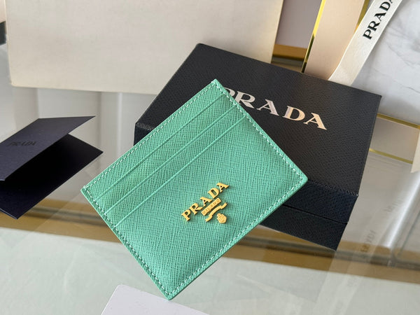 Pra Gold Logo-Stamp Card Holder Mint Saffiano Leather