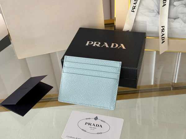 Pra Gold Logo-Stamp Card Holder Light Blue Saffiano Leather