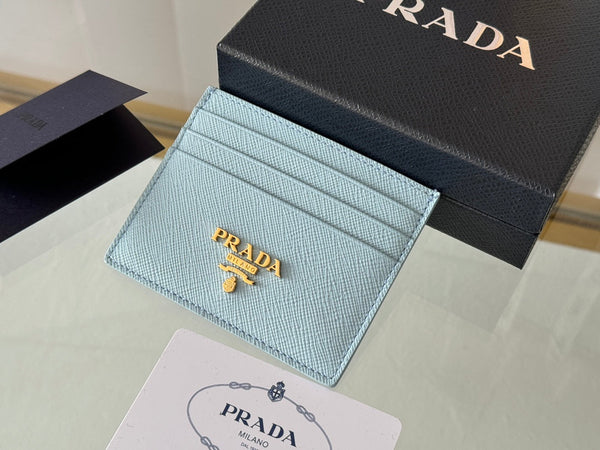 Pra Gold Logo-Stamp Card Holder Light Blue Saffiano Leather