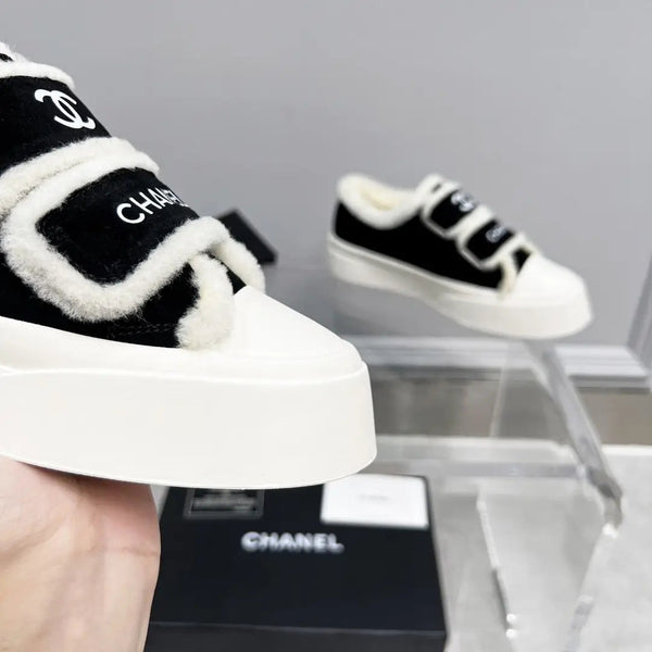 Baskets CC Semelle Épaisse Blanc Noir Daim Doublure Laine Polaire