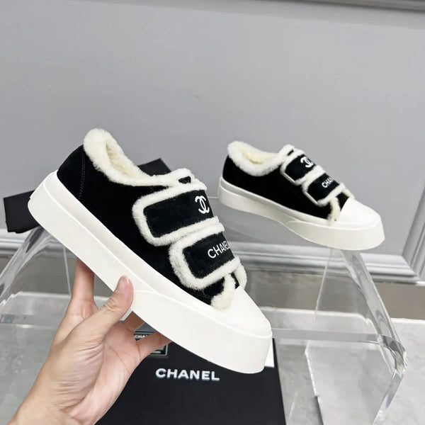 Baskets CC Semelle Épaisse Blanc Noir Daim Doublure Laine Polaire