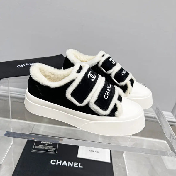 Baskets CC Semelle Épaisse Blanc Noir Daim Doublure Laine Polaire