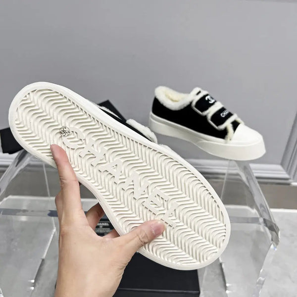 Baskets CC Semelle Épaisse Blanc Noir Daim Doublure Laine Polaire