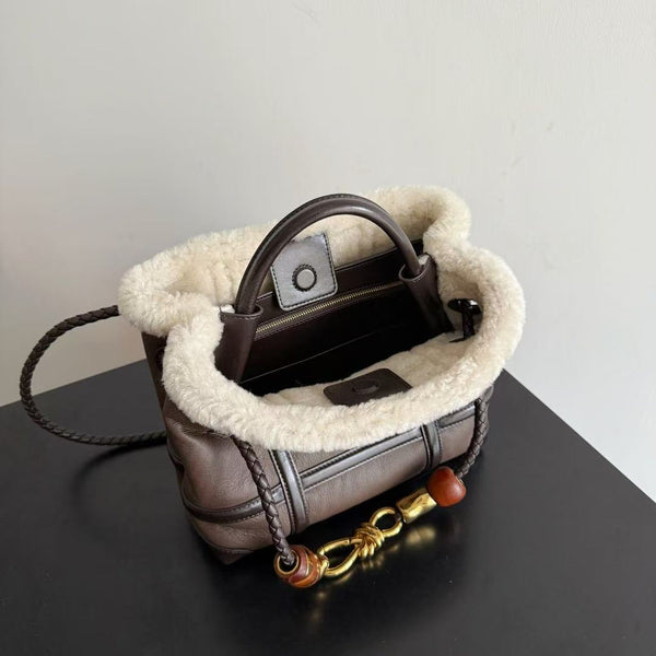 BV Andiamo Small Brown White Fur Leather