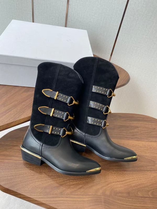 Isabel Marant Meixa Boots Santiag 30mm Black Leather and Metal