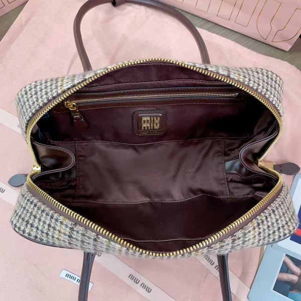 Sac à main Miu 5BB147 28cm Tweed Marron Beige