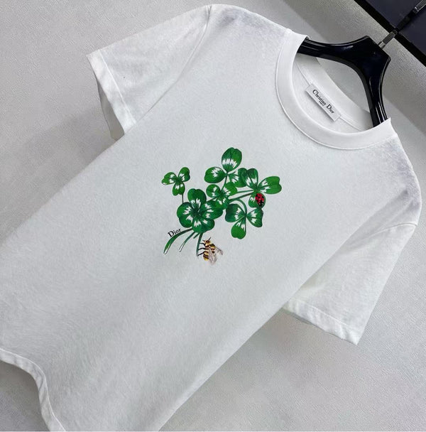 T-shirt ajusté CD en jersey de coton blanc avec motif Dior Clover vert