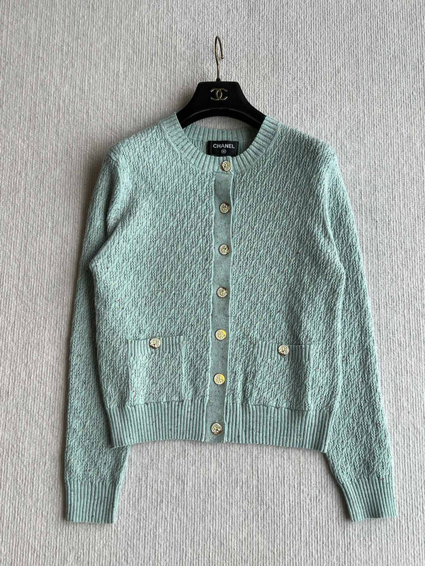 CC 25A Classic Round Neck Floral Wool Cardigan In Turquoise 275514