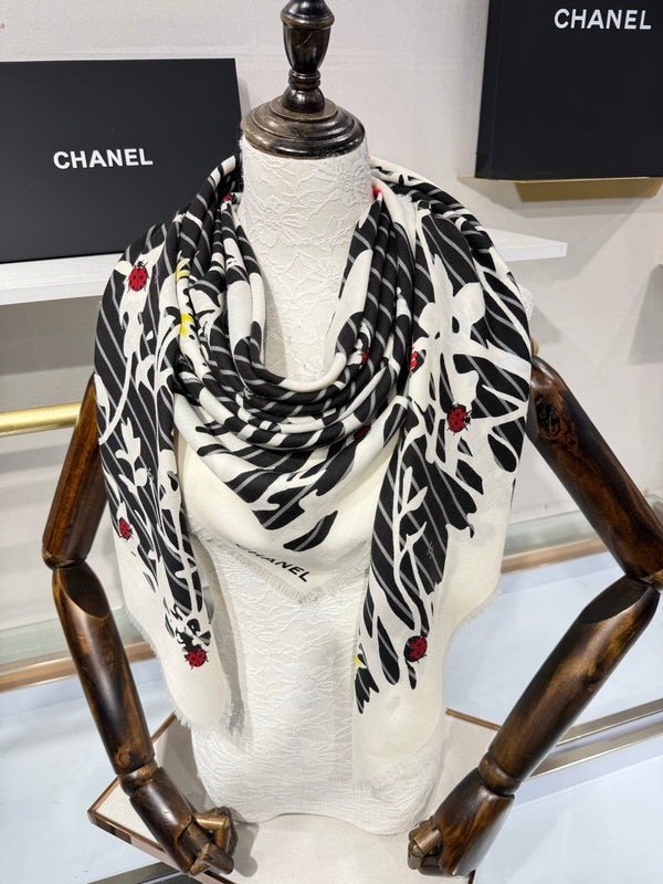 CC 2026 Floral Square Scarf 140cm Black Cashmere Silk 218856
