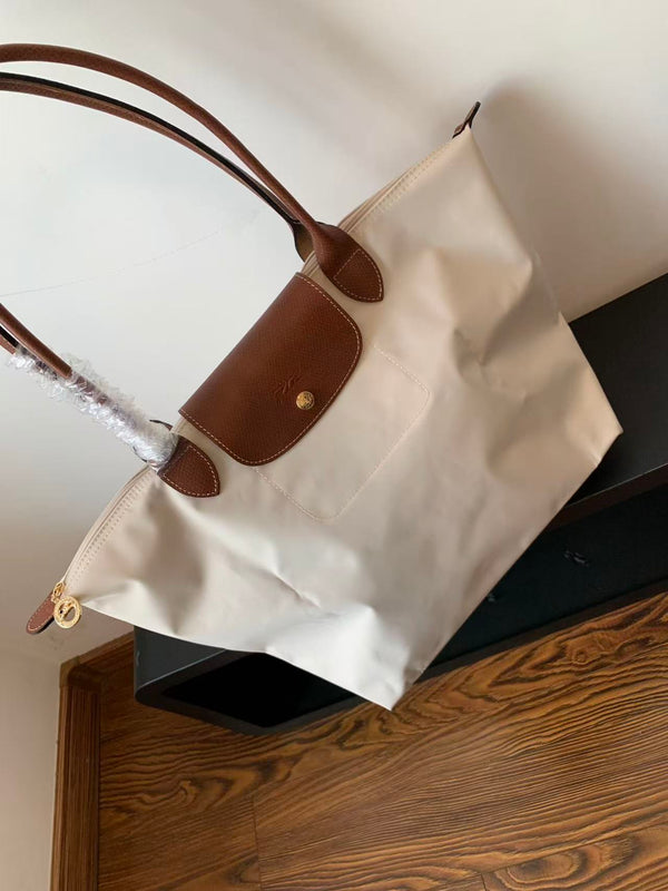 Longchamp Small Le Pliage Tote Bag Brown Cream Polyamide Leather
