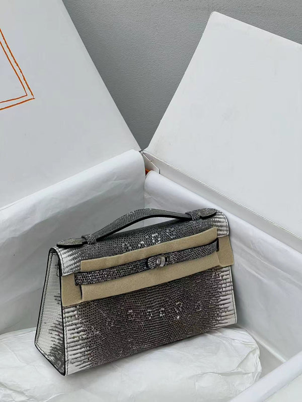 HM Kelly 22cm Black White Pochette Lizard