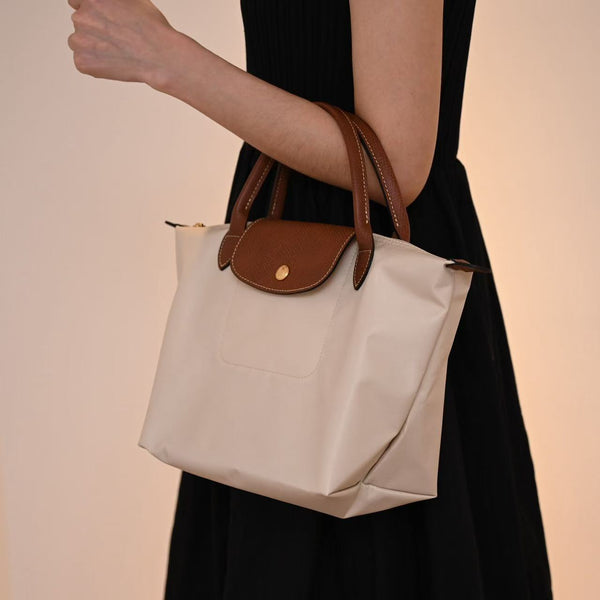 Longchamp Small Le Pliage Tote Bag Brown Cream Polyamide Leather