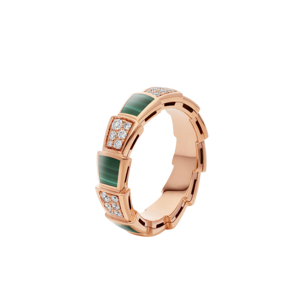 ANELLO SERPENTI ORO ROSA MALACHITE DIAMANTI PAVE' 4MM