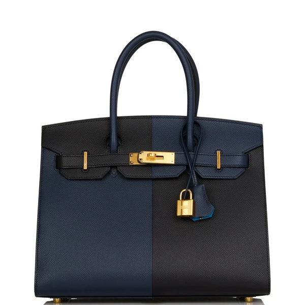 HM BIRKIN SELLIER CASAQUE 32cm NERO E BLU PELLE TOGO FERRAMENTA ORO