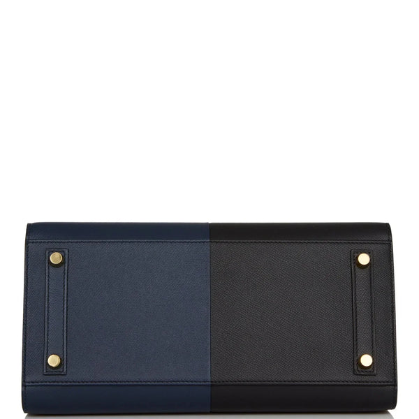 HM BIRKIN SELLIER CASAQUE 32cm NERO E BLU PELLE TOGO FERRAMENTA ORO