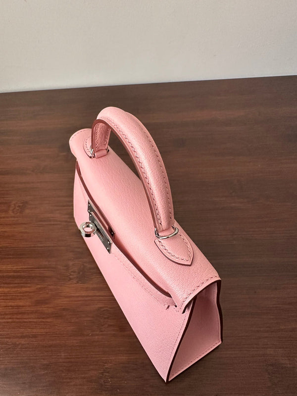 HM KELLY MINI 20 PINK CHEVRE SIVER HARDWARE