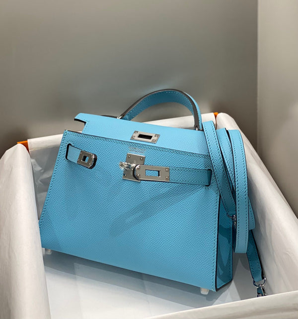 HM KELLY MINI 20 CIELO BLU EPSOM ARGENTO HARDWARE