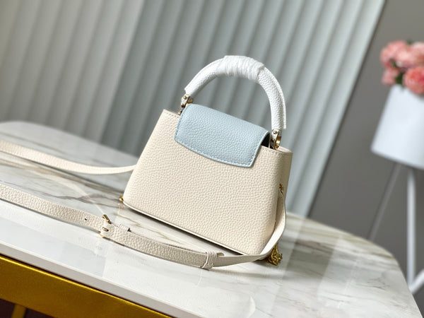 CAPUCINES MINI 21 CREAM CLOUD BLUE TAURILLON GOLD HARDWARE