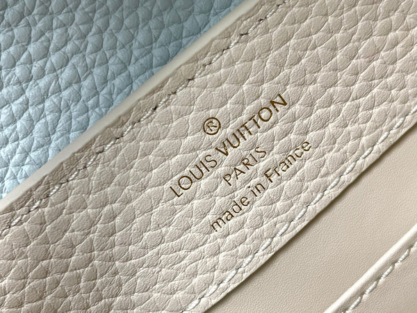 CAPUCINES MINI 21 CREAM CLOUD BLUE TAURILLON GOLD HARDWARE