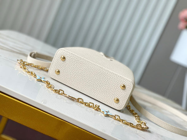 CAPUCINES MINI 21 CREAM CLOUD BLUE TAURILLON GOLD HARDWARE