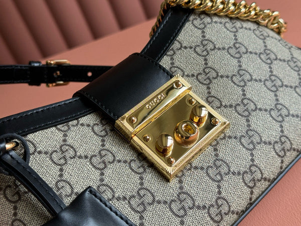 GG PADLOCK SMALL 24 BEIGE CANVAS BLACK CALFSKIN