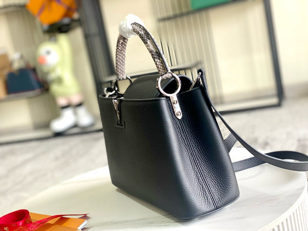 Borsa Capucines in pelle di vitello nera con manico superiore e serpente, versione migliore