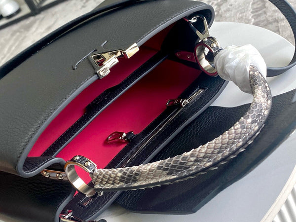 Borsa Capucines in pelle di vitello nera con manico superiore e serpente, versione migliore