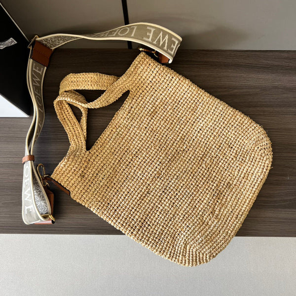 Mini Slit Tote 30cm Beige Raffia Tan Calfskin