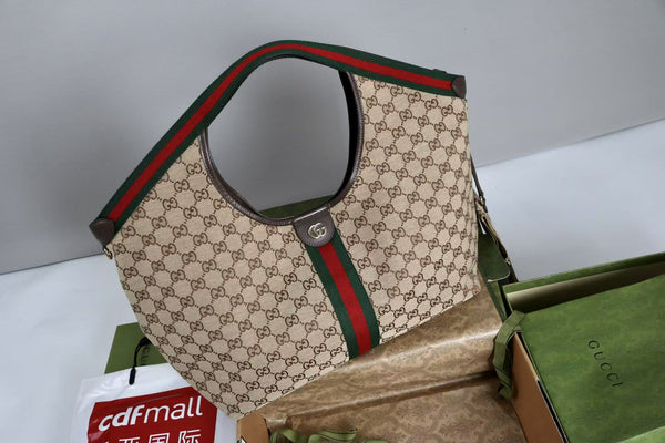 Gucci Giglio Large Tote Bag Beige and Red Denim