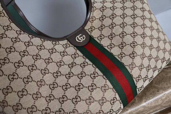 Gucci Giglio Large Tote Bag Beige and Red Denim