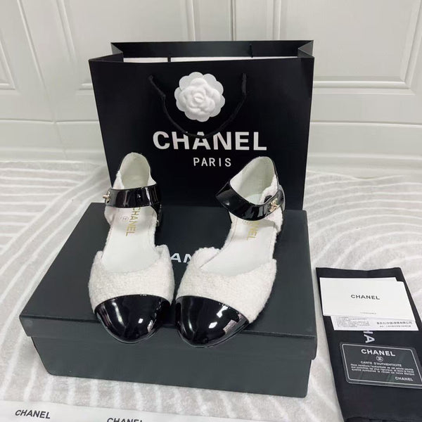 Ballerine CC in tweed bianco e nero e pelle di vitello