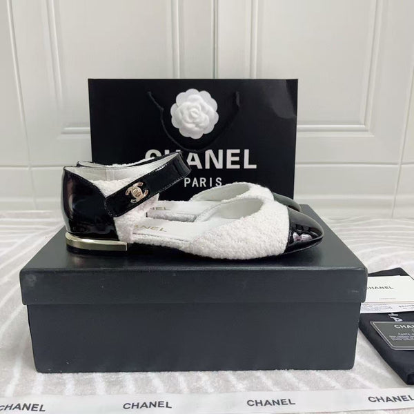 Ballerine CC in tweed bianco e nero e pelle di vitello