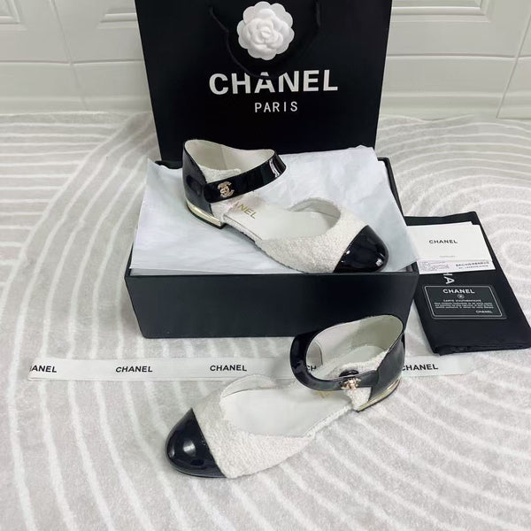 Ballerine CC in tweed bianco e nero e pelle di vitello