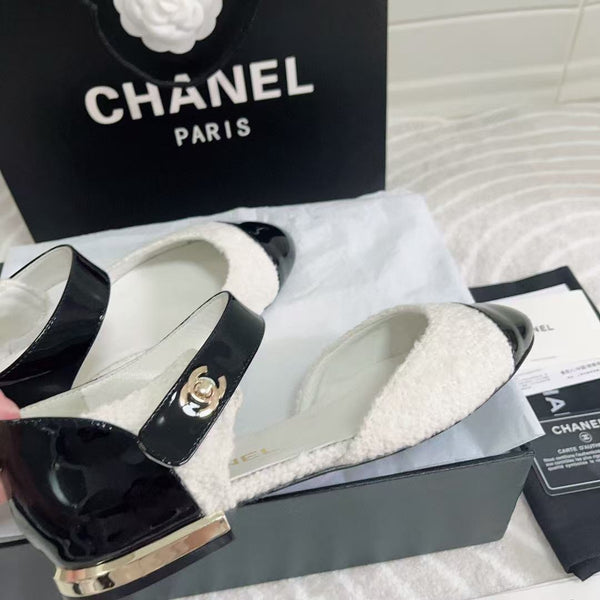 Ballerine CC in tweed bianco e nero e pelle di vitello