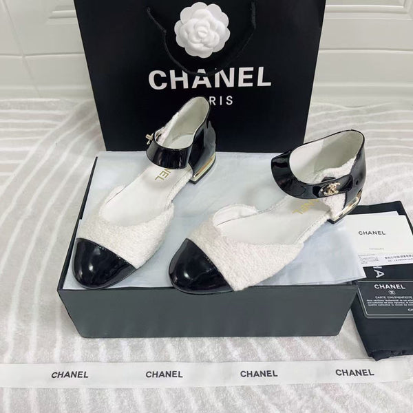 Ballerine CC in tweed bianco e nero e pelle di vitello