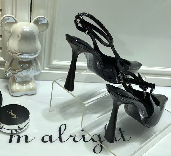 SL SLINGBACK PUMPS 100MM IN BLACK CALFSKIN PATENT LEATHER