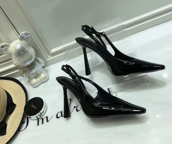 SL SLINGBACK PUMPS 100MM IN BLACK CALFSKIN PATENT LEATHER