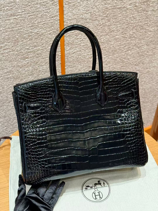 BORSA HM BIRKIN 35 IN PELLE GOFFRATA COCCODRILLO NERA