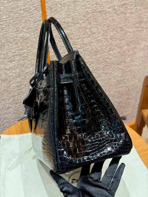 BORSA HM BIRKIN 35 IN PELLE GOFFRATA COCCODRILLO NERA