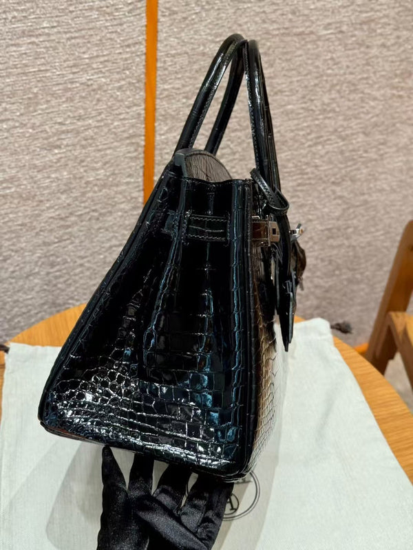 BORSA HM BIRKIN 35 IN PELLE GOFFRATA COCCODRILLO NERA