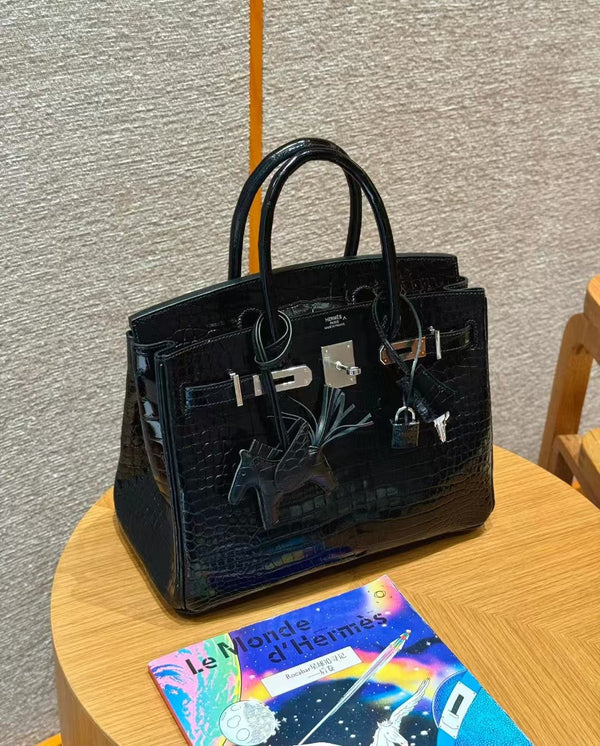 BORSA HM BIRKIN 35 IN PELLE GOFFRATA COCCODRILLO NERA