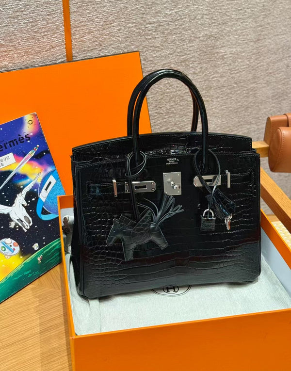 BORSA HM BIRKIN 35 IN PELLE GOFFRATA COCCODRILLO NERA