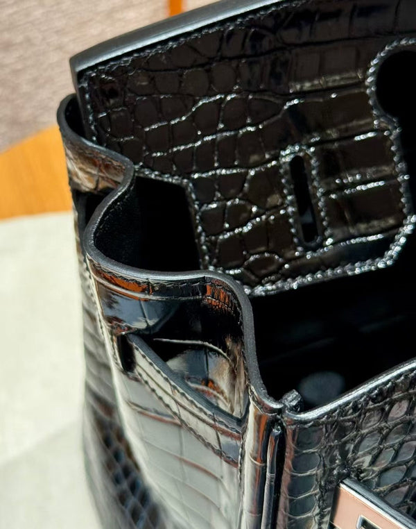 BORSA HM BIRKIN 35 IN PELLE GOFFRATA COCCODRILLO NERA