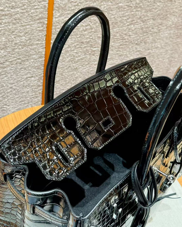 BORSA HM BIRKIN 35 IN PELLE GOFFRATA COCCODRILLO NERA