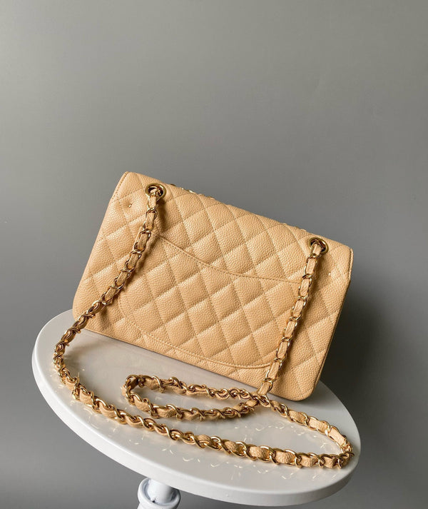 Flap bag jumbo 23 light beige grain caviar cowhide silver hardware