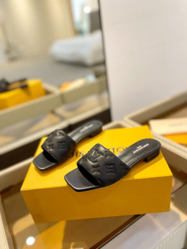 LV Neo Revival Mule Flat Black Embossed Logo Cowhide