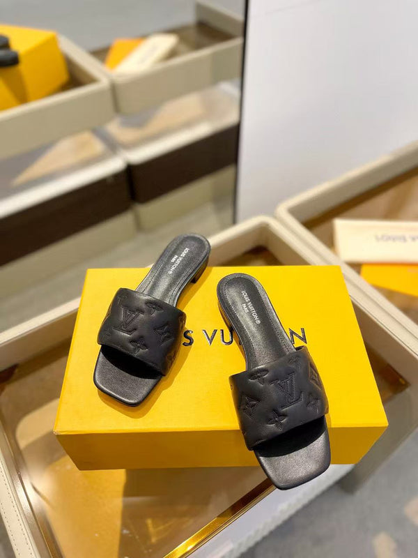 LV Neo Revival Mule Flat Black Embossed Logo Cowhide